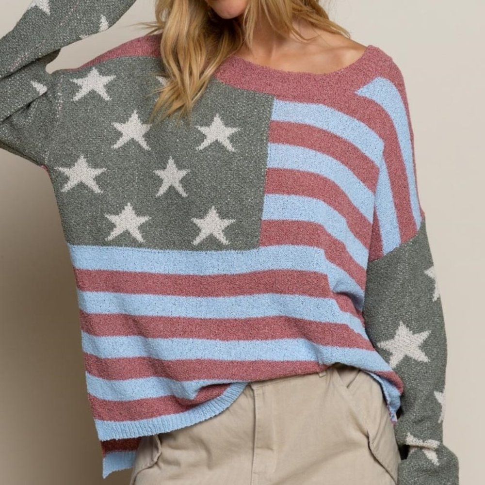 American Flag Long Sleeve Lightweight Sweater